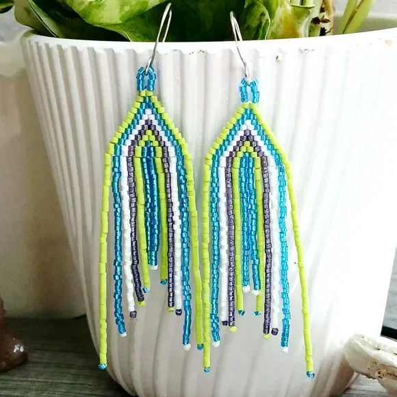 BOGO EARRINGS Boho Chic Beaded Cascade Fringe Dangle Earrings, Seed Bead 3.75" - Picture 4 of 6